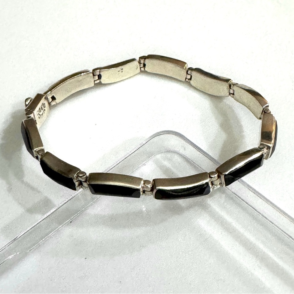 Taxco Vintage Onyx Sterling Silver Link Wave Bracelet